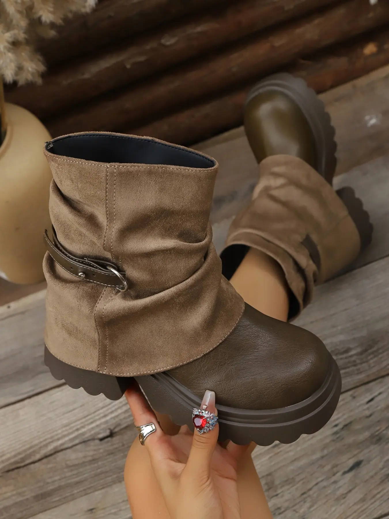 American Vintage Buckle Mid-Calf Boots, PU Leather Flatform Design, Round Toe, Casual Style, Fall & Winter Wear, Women's Motorcycle Boots