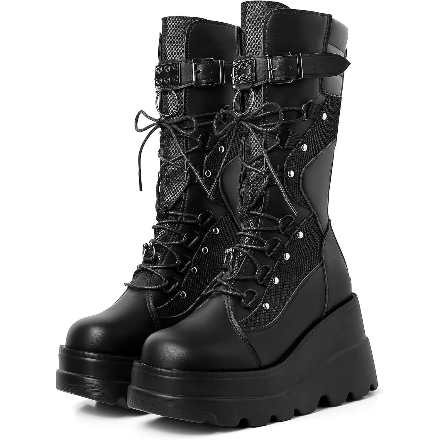 Goth Boots Holographic Combat Platform Boots for Women Knee High | Rave Style Mid Calf Boots, Lightweight Wedge Boots, Lace Up & Zipper Closure, Wide Toe Box, All-Day Comfort Wear for Concert