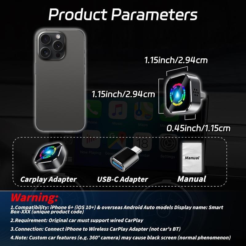 Wireless Carplay Adapter for iPhone Android Devices, Universal Compatibility, Fast Connection Zero Latency Hands-Free Calling Charging, Wireless Carplay Converter