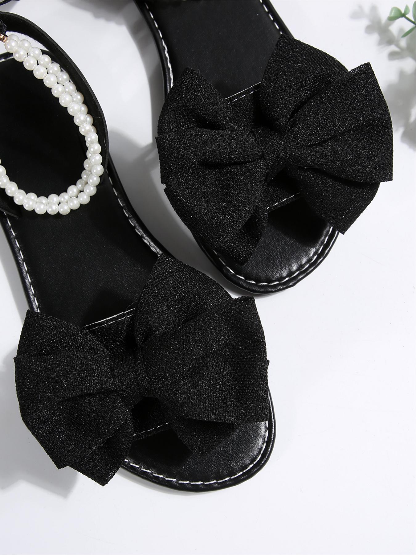 Women's Bow Decor Pearl Ankle Strap Flat Sandals, Open Toe Lace Up Bohemian Beach Shoes, Sizes 36-43 Multiple Colors