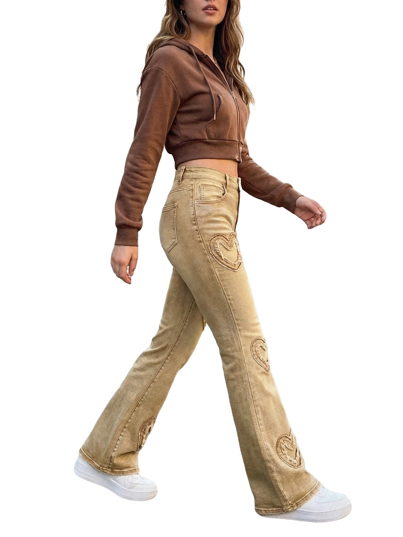 Girls Vintage Star Embroidery Wide Leg Jeans, Retro Mud Wash Denim Jeans, Contrast Stitching Baggy Trousers, Y2K Streetwear for Kids & Teens