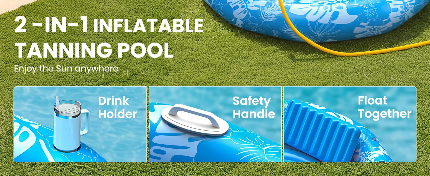 DSQUU XL-Inflatable Tanning Pool Lounger Float with Sprinkler, 72"x65" Round Pool Float Adults with Pillow XL Cup Holder Handle Blow Up Tanning Bed for Summer Sunbathing Water Lounge Party Gifts, Blue