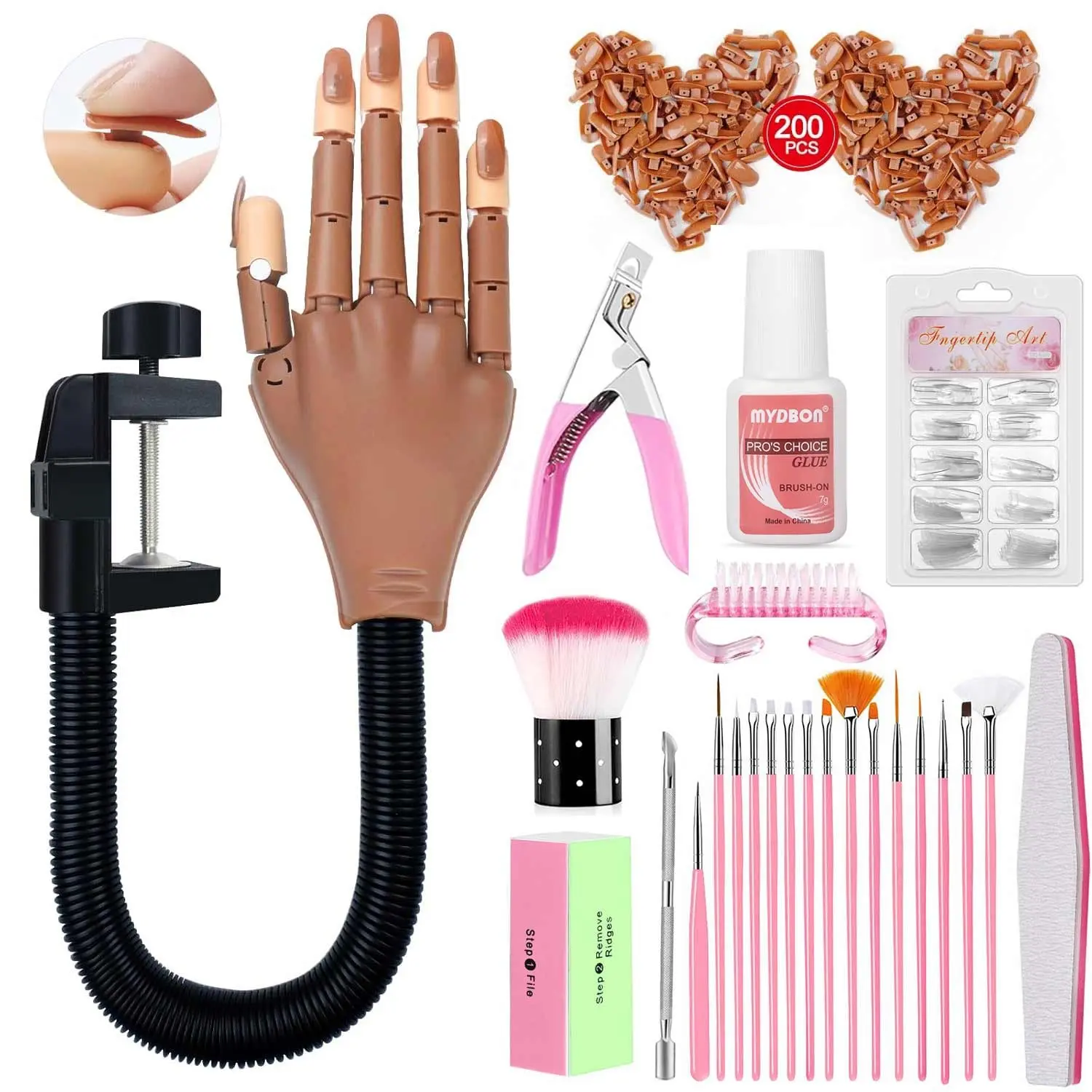 Practice Hand for Acrylic Nails, Flexible Nail Practice Hands Training Kits, Fake Manican Hands for Nails Practice, Movable Nail Maniquin Hand with 300PCS Nail Tips, File, Brush and Clipper, Manicure