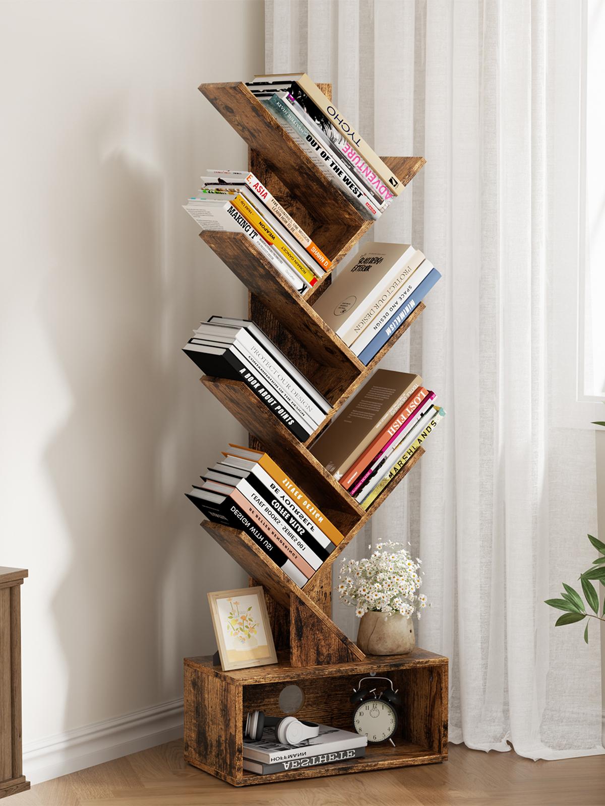 Flycity Bookshelf with Drawer,6 Tiers Tree Bookshelf, Modern Book Storage Organizer,Free Standing Tree Bookcase, Utility Organizer Shelves for Home,Office,Living Room,Bedroom Corner Computer Desk Adjustable Height Desk