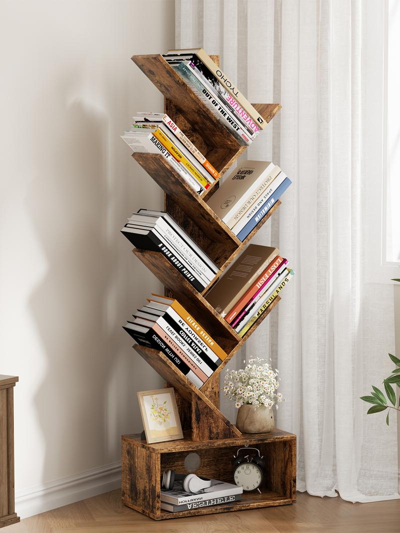 Flycity Bookshelf with Drawer,6 Tiers Tree Bookshelf, Modern Book Storage Organizer,Free Standing Tree Bookcase, Utility Organizer Shelves for Home,Office,Living Room,Bedroom Corner Computer Desk Adjustable Height Desk