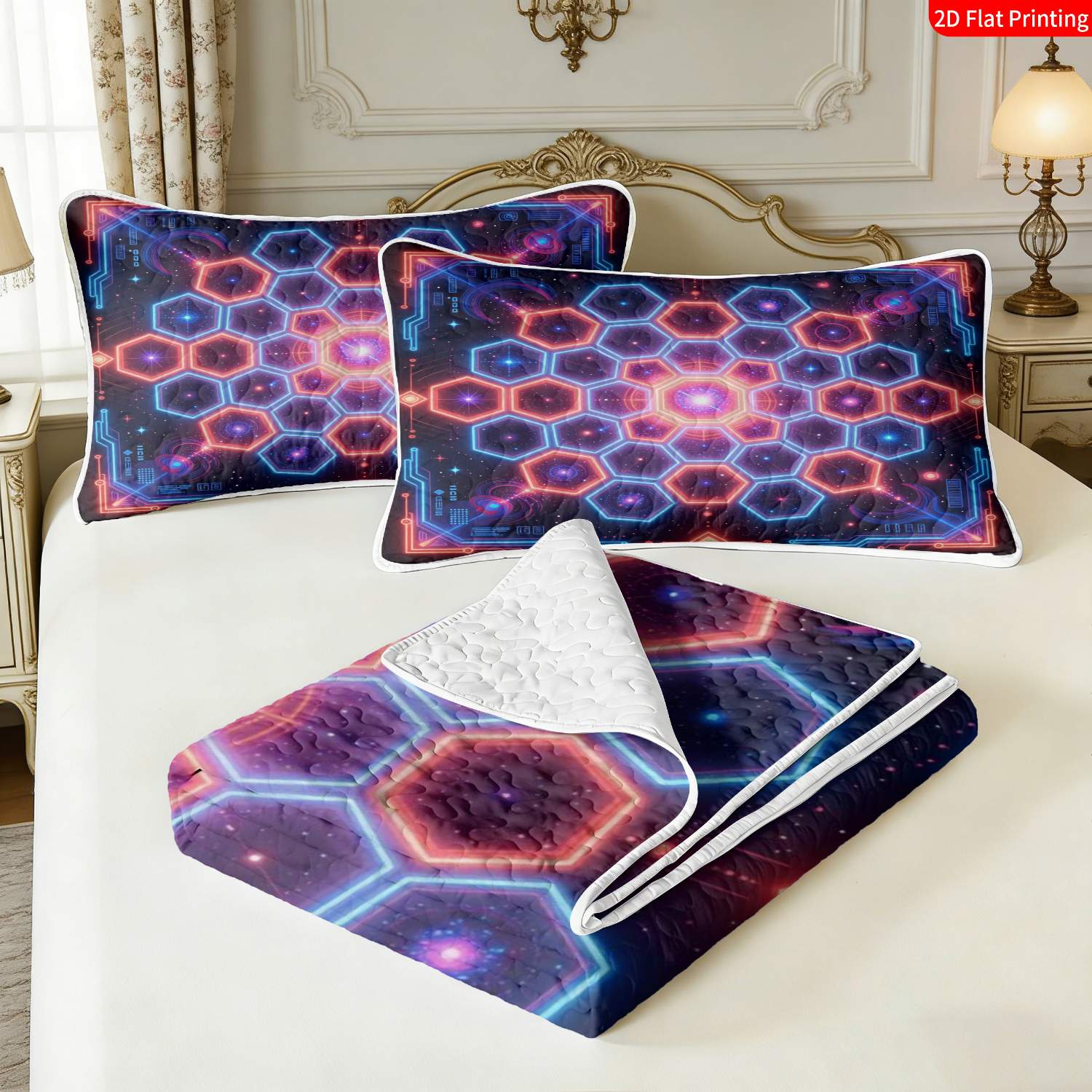 3 pcs, 2D Flat Print Neon Geometric Hexagon Bedspread Set, Soft and Comfortable, Multiple Sizes Available, Suitable for Gifting and Daily Use, Ideal for Creating a Cozy Home Atmosphere(1 bedspread , 2 pillowcases)