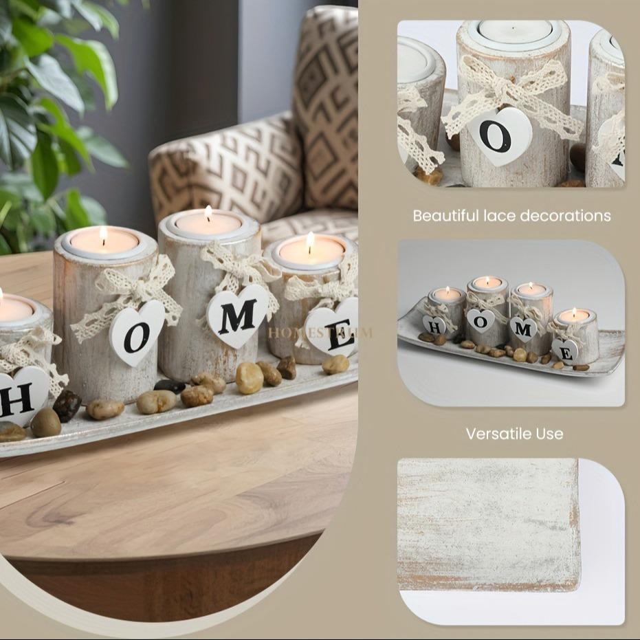 Wooden Candle Holders Centerpieces for Living Room Coffee Table Decorations | Wooden Candles Holders with Wood Tray,Candlesticks for Home Decoration Fireplace Farmhouse Table Kitchen Decor