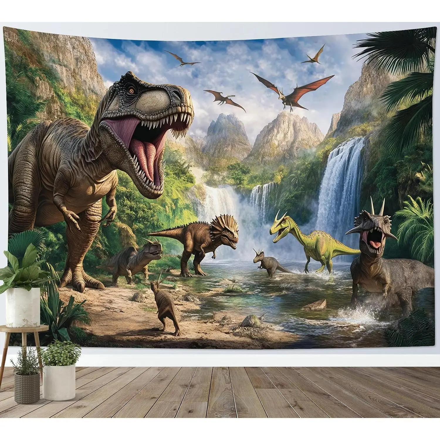 HVEST Dinosaur Tapestry Wall Hanging Wild Animal Dinosaur in Green Forest Wall Art Mountain Waterfall Nature Landscape Tapestry for Bedroom Living Room Teen Dorm Party Wall Decor