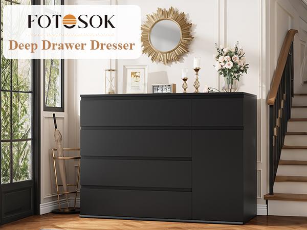 FOTOSOK 5 Drawer Dresser, Black Dresser for TV Stand, Double Wide Storage  Chest of Drawers with Door, Deep Drawers and Wide Storage Space - TikTok  Shop