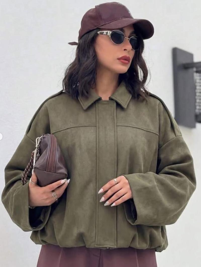 Women's Cropped Suede Jacket Demi-Season Bomber Jacket Female Outerwears Street Long Sleeve Oversized Black Brown Green Red Jacket Woman Fashion Zip Up Short Coat