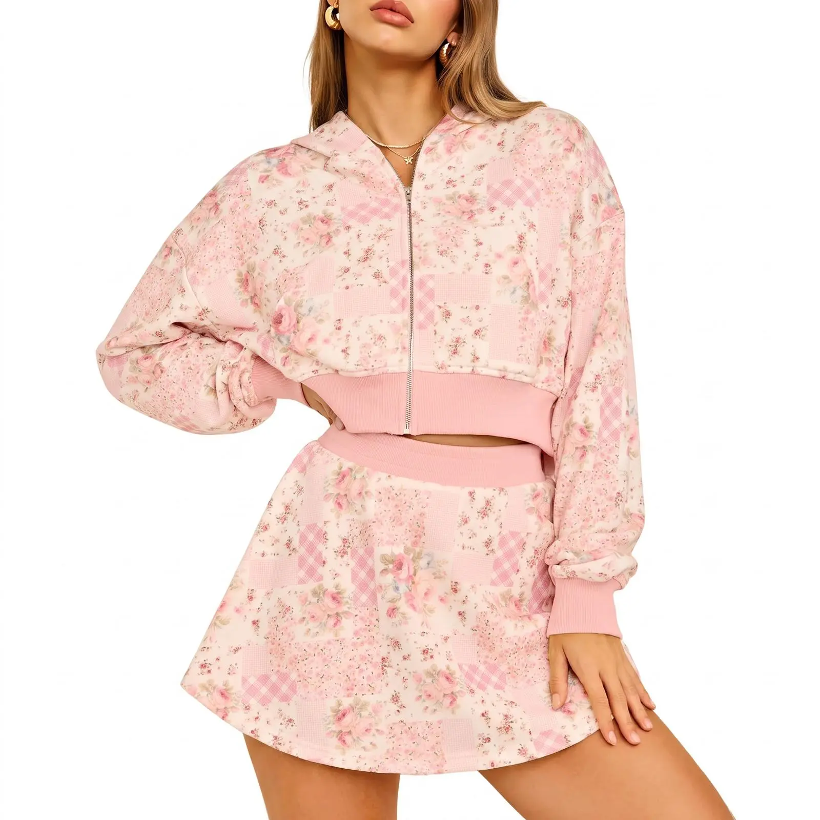 Aoysky Women Patchwork Floral 2‑Piece Matching Outfit Set, Cropped Zip‑Up Hoodie & A‑Line Mini Skirt, Casual Stretch Knit  Sets for Daily Wear