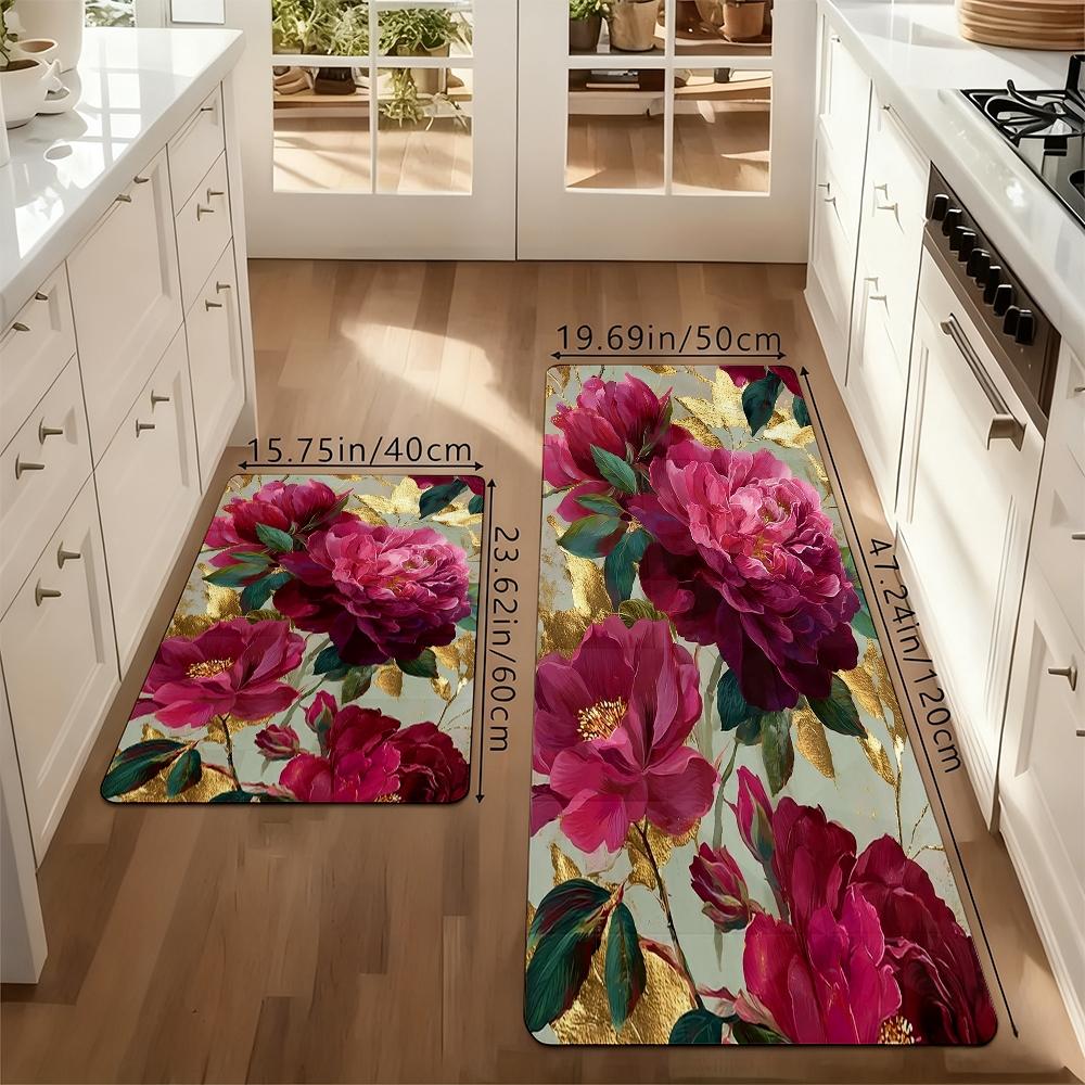 Luxury Gold Foil Peony Kitchen Rug Set, Vintage Floral Non-Slip Washable Floor Mats, Elegant Botanical Runner Rugs for Kitchen, Living Room & Home Decor