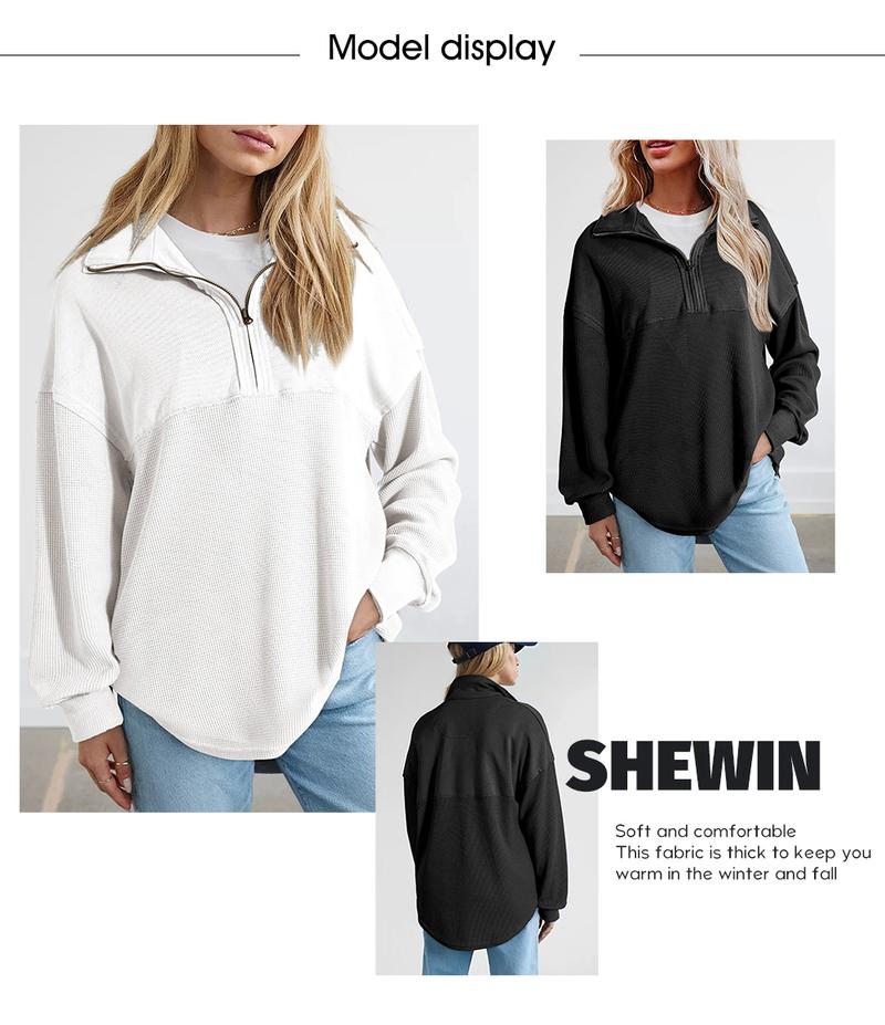 Shewin 2026 Spring Women's Cozy Oversized Waffle Knit Half-Zip Pullover Long Sleeve Sweatshirt - Cotton Polyester Comfy Casual Knitwear for Daily & Spring Outfits