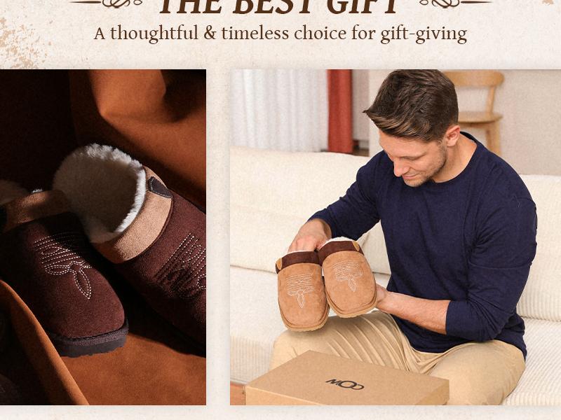 OOW Cowboy Boot Slippers for Men Western House Slippers Indoor & Outdoor Square Toe Chestnut Soft Faux Fur Lining Durable Cotton Fabric