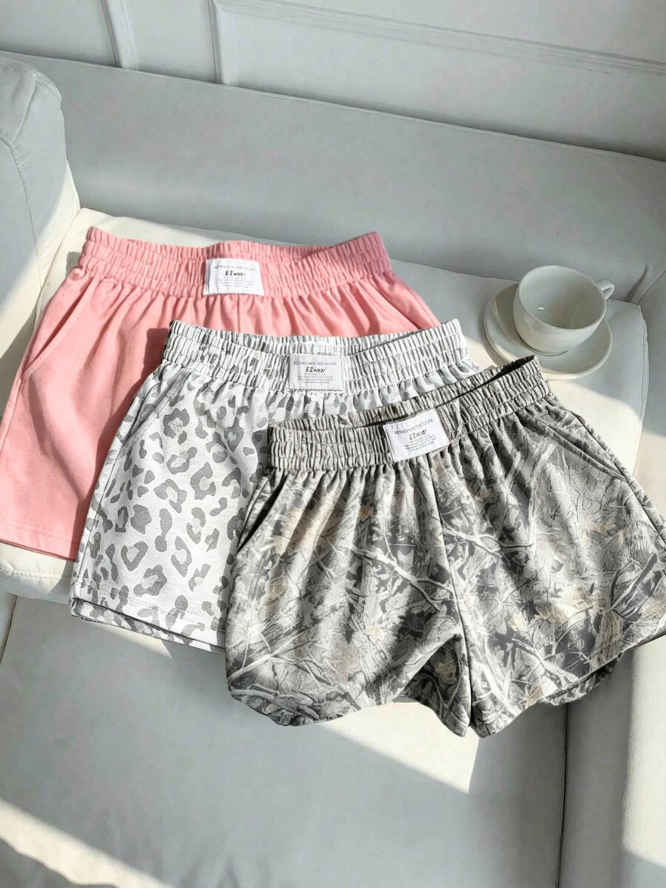 3-Pack Women's Summer Casual, Fashion, Elastic Waistband Shorts: Leopard Print + Solid Color – Comfortable, Loose Fit. Soft fabric, slant pockets, letter tag design. Suitable for daily light exercise, going out, home wear