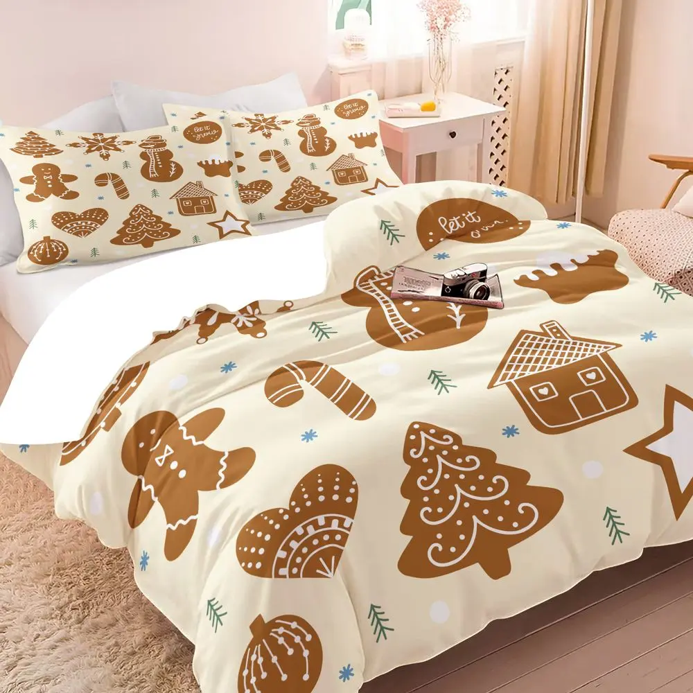 2/3Pcs Christmas Gingerbread Duvet Cover Set, Cute Holiday Bedding Set with Snowflake & Snowman Print, Soft Comforter Cover with Pillowcase, Festive Bedroom Decor for Kids & Family No Fillers