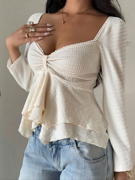 Women's Deep V Neck Ruched Long Sleeve Top, Casual Wave Hem Blouse, Perfect for Daily Wear & Dates, Versatile Fashion Piece