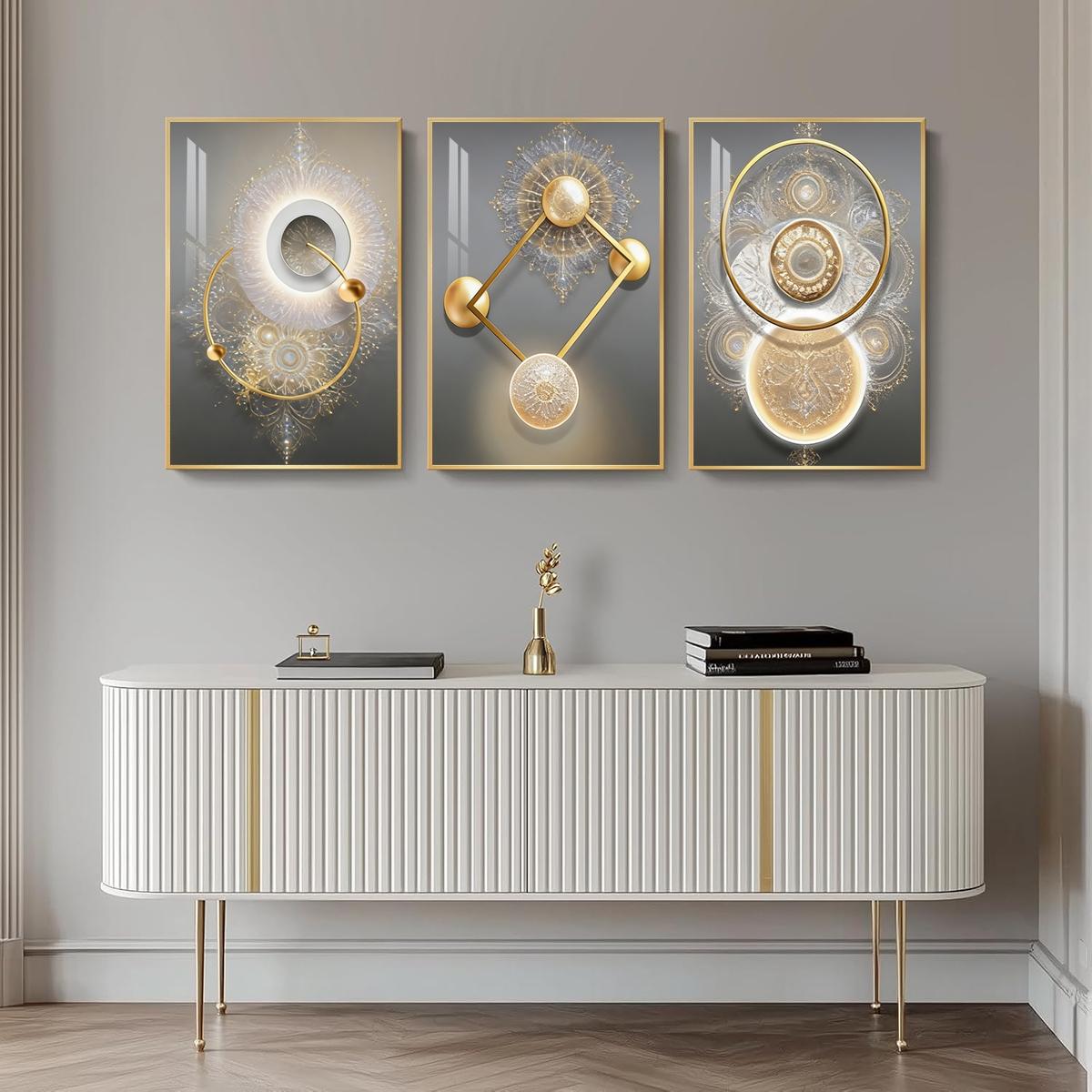3 Counts Aluminum Alloy Framed Painting, Golden Abstract Geometry Light Art, Home Decoration For Living Room, Bedroom, Office, Restaurant, Hallway Wall Decor, Odorless Print Artwork, Luxury Perfect Gift For Friends And Family