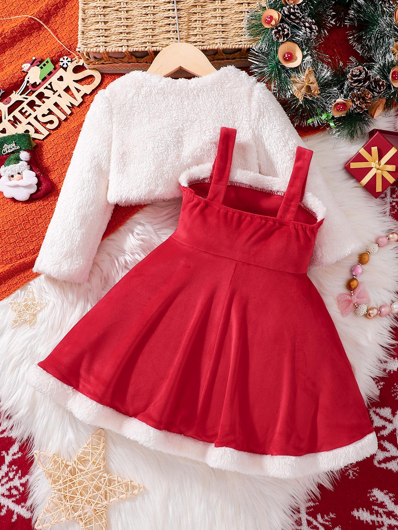 Autumn Winter Girls Clothes Christmas Dress Two Piece Set Red Velvet Slip Dress + Milk White Faux Fur Jacket Cute Sweet Style Party Outfit Warm & Trendy Christmas Clothing