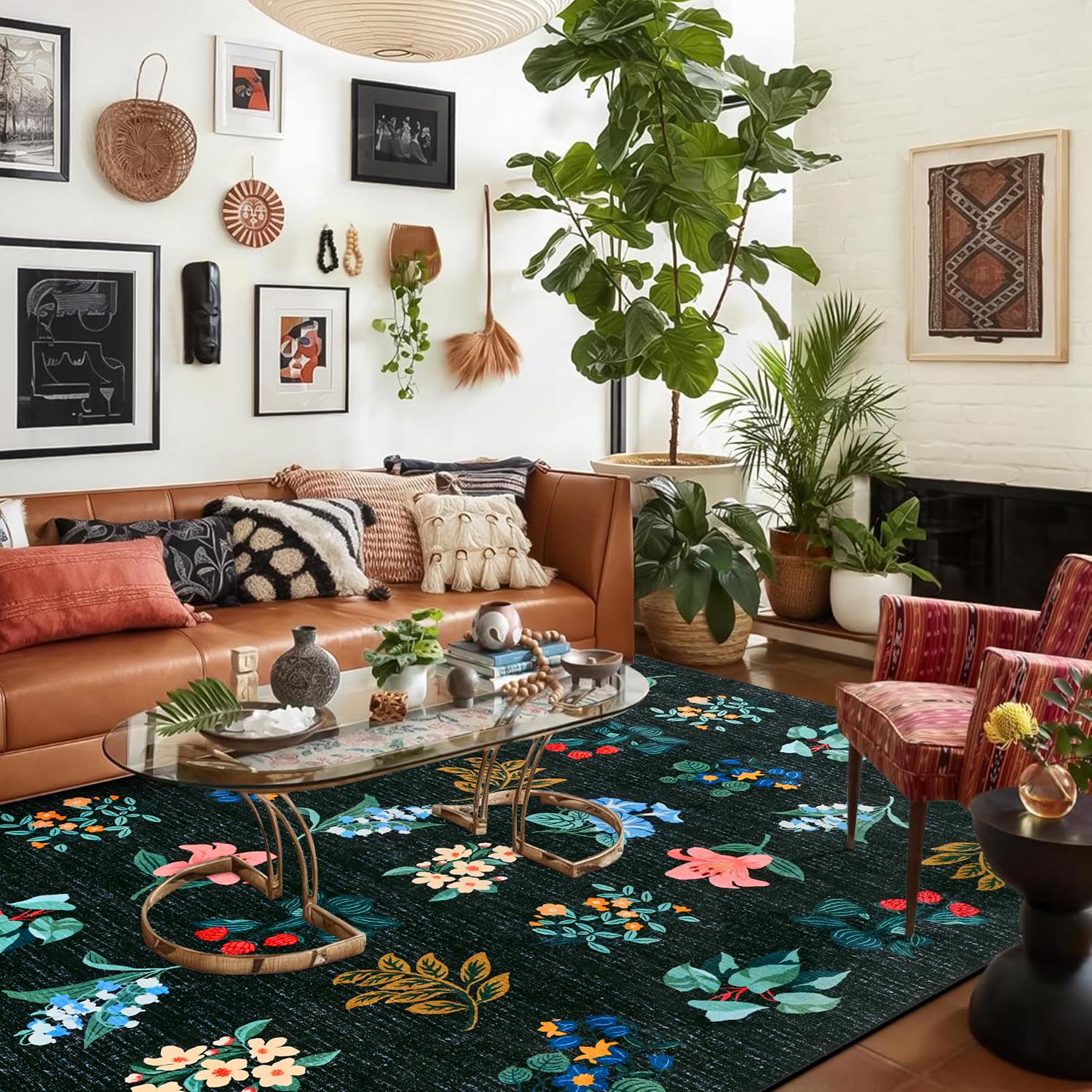 Lochas Floral Washable Living Room Area Rug ,Non-Slip Low-Pile Rugs for Entryway, Throw Small Stain Resistant Kitchen Rugs, Print Carpet for Office, Bedroom, Laundry Room, Nursery, Home Decor