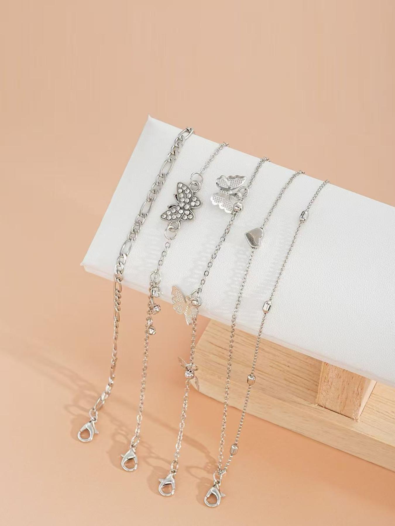 Set of 4 Boho Anklets for Women, Wearable Jewelry, Jewelry, Jewelry Accessories, Multi-Layer Beaded Anklet Set with Butterfly & Heart Designs, Embellished with Synthetic Diamonds, For Summer Holidays, Beach Parties & Bikini Outfits, Foot Jewelry