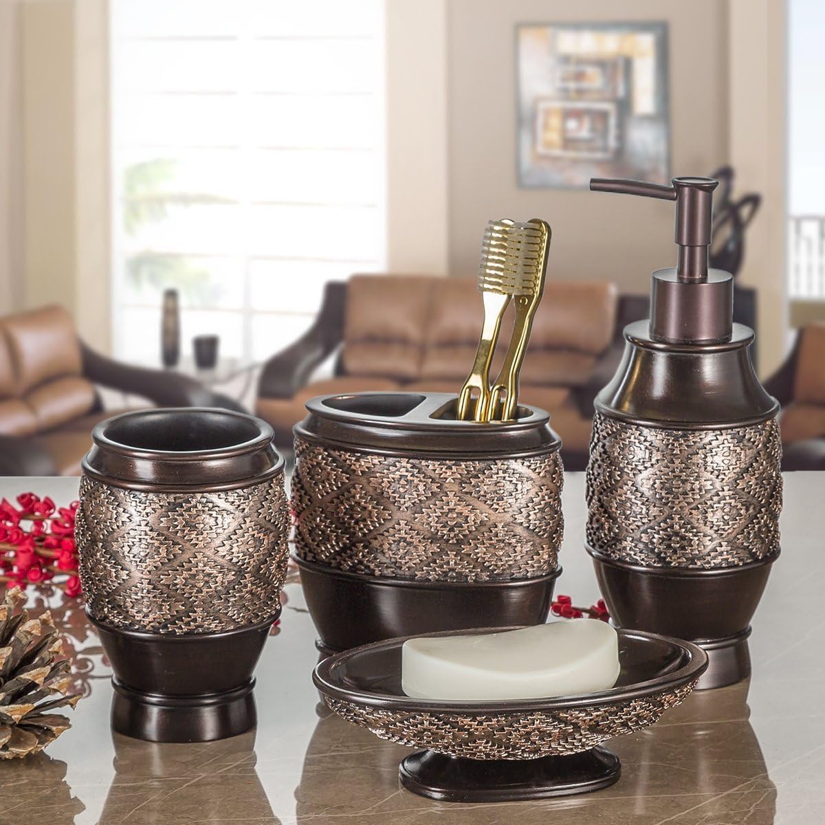Dublin Brown Countertop  Holders for Bathrooms - Decorative  Brush Holder for Bathroom -  Organizer for Regular or Electric Toothbrushes and