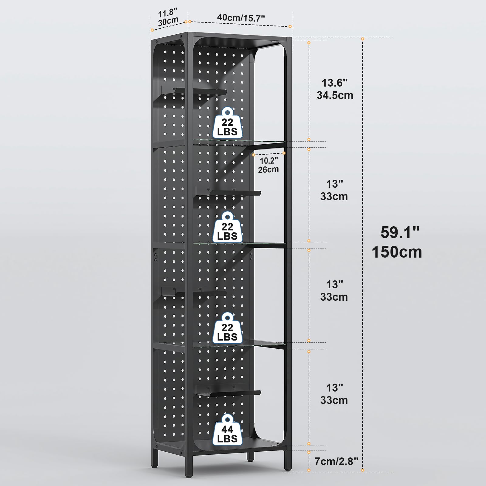 Glass Display Shelf for Collectibles, LED Black Shelf, Curio Cabinet, Lighted Tall Narrow Shelf with Pegboard Steel Frame for Gaming Room, Floor Lamp with Shelves, Living Room, Bedroom, Small | for Collectibles, LED, Lighted, for Gaming Room, Living Room