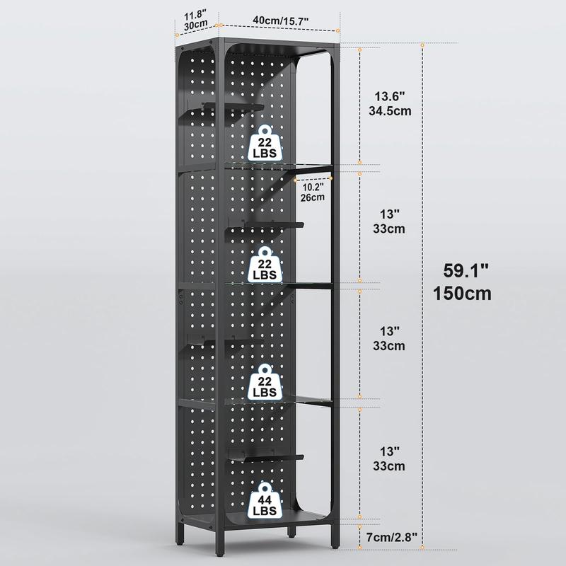 Glass Display Shelf for Collectibles, LED Black Shelf, Curio Cabinet, Lighted Tall Narrow Shelf with Pegboard Steel Frame for Gaming Room, Floor Lamp with Shelves, Living Room, Bedroom, Small | for Collectibles, LED, Lighted, for Gaming Room, Living Room