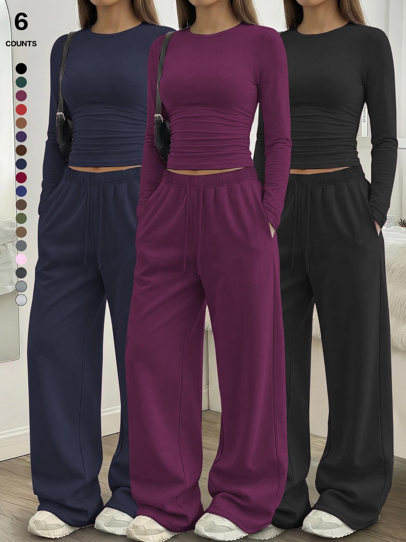 Women's Solid Ruched Drawstring Loungewear Set, Casual Long Sleeve Round Neck Top & Pocket Wide Leg Trousers, Spring Summer Sleepwear Pajama Set
