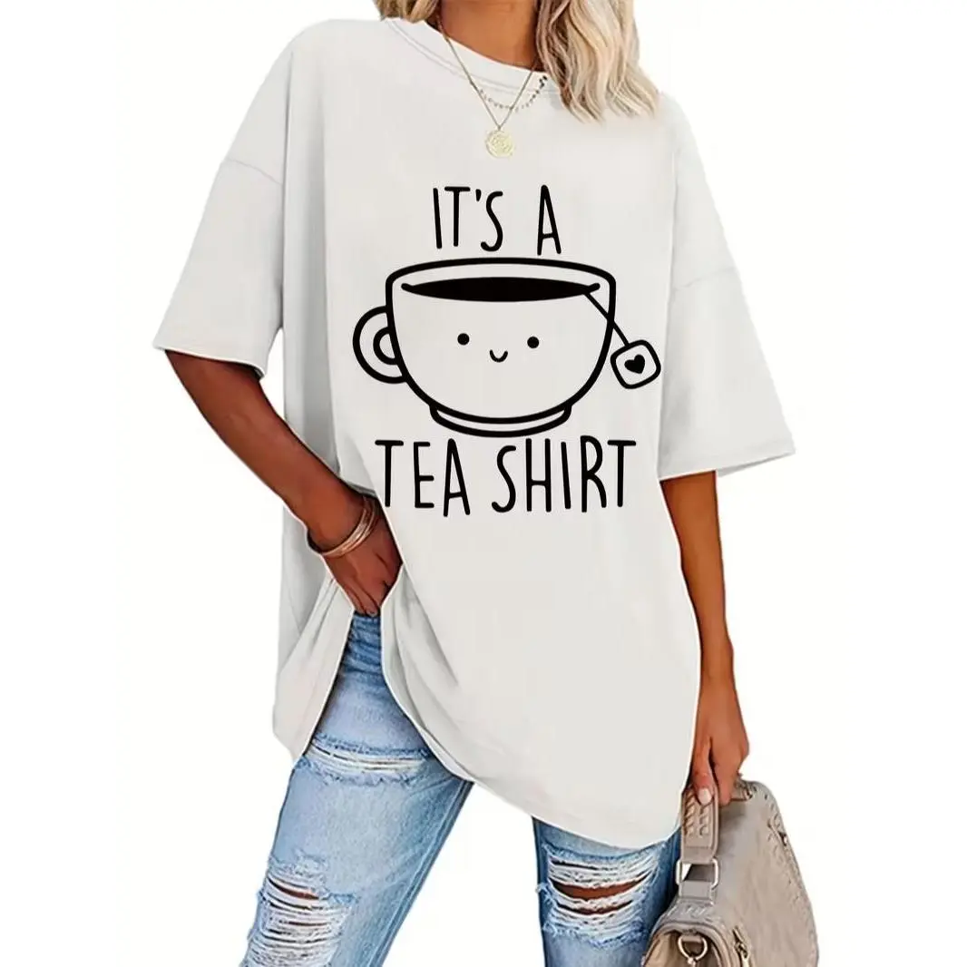 It's A Tea Shirt Cute Smiley Tea Cup Graphic Tee Funny Pun Minimal Line Art Oversized White Casual Tea Lover Women’s T-Shirt