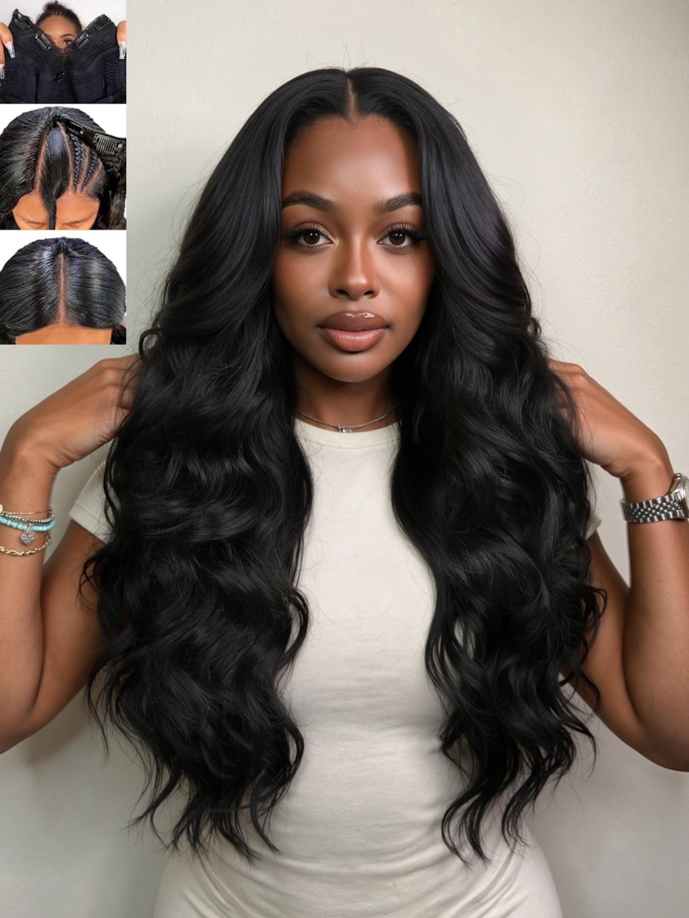 U Part Body Wave Synthetic Half Long Wavy Hair Wigs for Women, 26 Inch Glueless Wig, Heat-Resistant, Clip In, Natural, Daily Party Use
