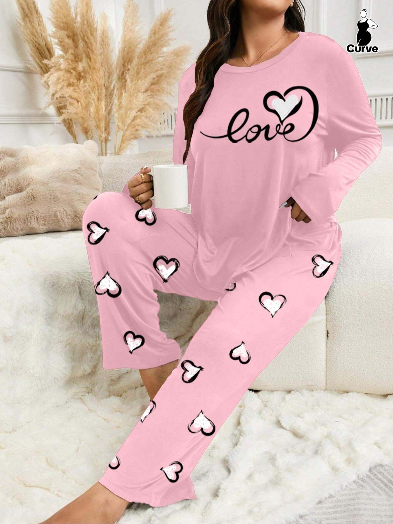 Plus Size Women's Heart Print Long Sleeve Pajama Set, Casual Fitted Sleepwear, Pajamas Sets, Comfortable Home Wear for Fall & Winter