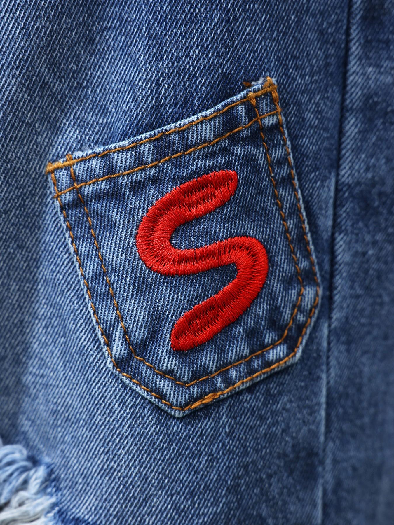 Women's Letter Embroidery Ripped Denim Capri Pants, Straight Leg Double Waistband Jeans, Frayed Hem Multi Pocket Spring Summer Casual Bottom