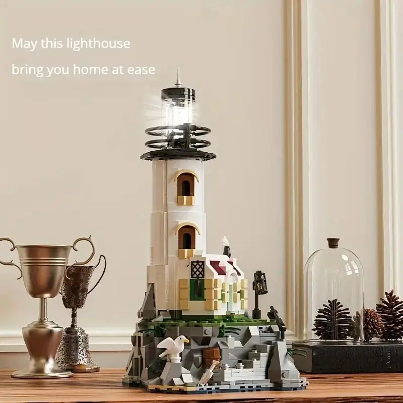 1092PCS Electric Lighthouse Building Blocks Fisherman's Hut Glowing Lighthouse Assembly Bricks Desktop Ornaments DIY Toys Gifts
