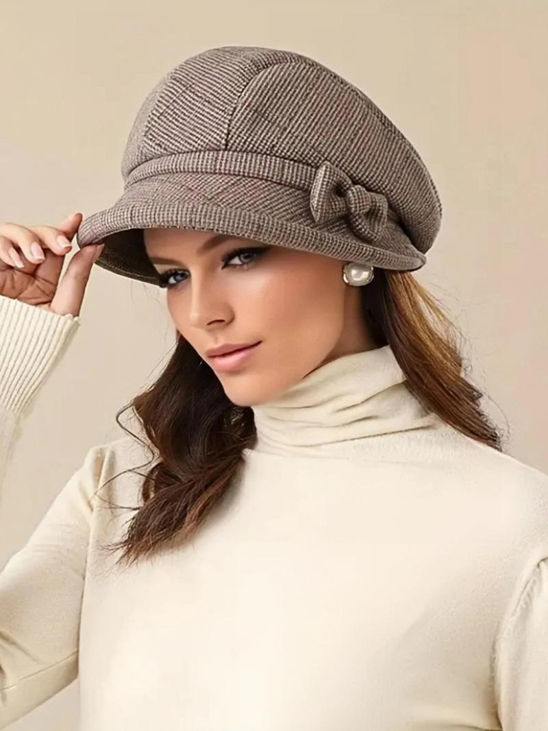 Women's Elegant Plaid Pattern Bow Decor Beret, Casual Trendy Matching Hats for Fall & Winter, Fashion Accessories for Women & Girls