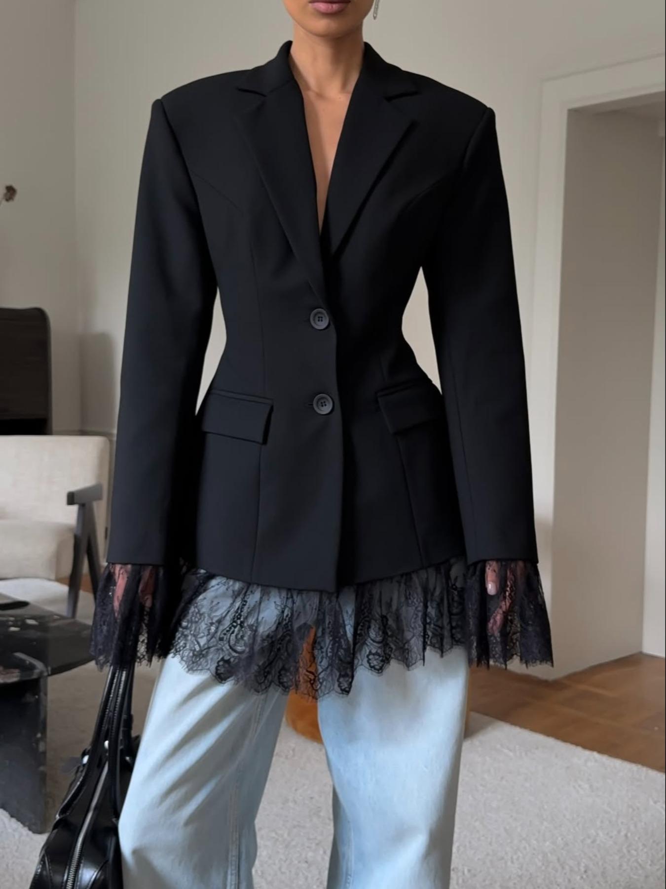 Women's Fitted Pure Color Woven Fabric Lace Patchwork Button Waistcoat Jacket, Office Evening Date Formal Banquet Fall Winter