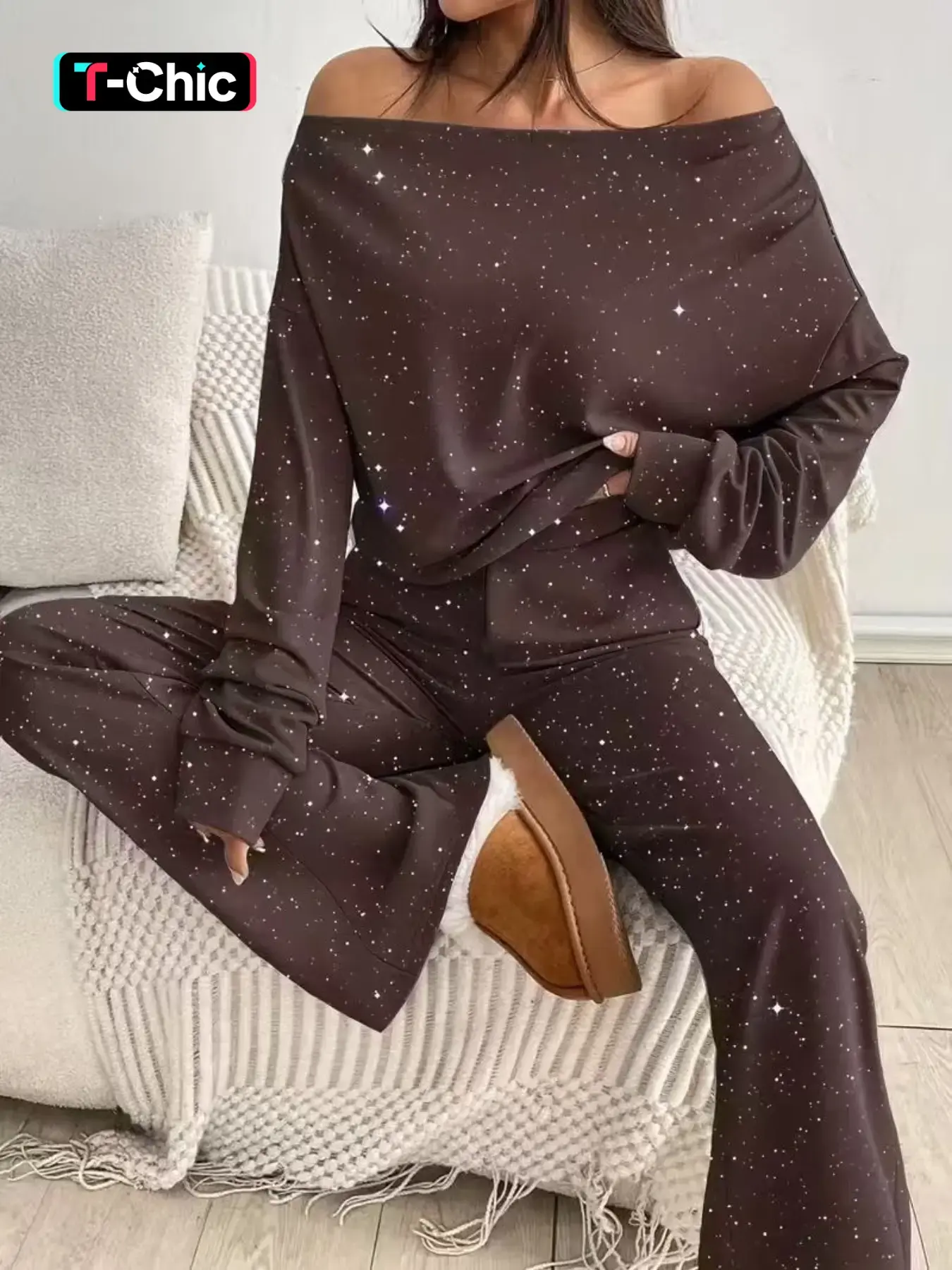 New European and American Style Chic Casual Minimalist Sequin Off-Shoulder Long Sleeve Loose Top, Low Waist Bell Bottoms Set, Fashion