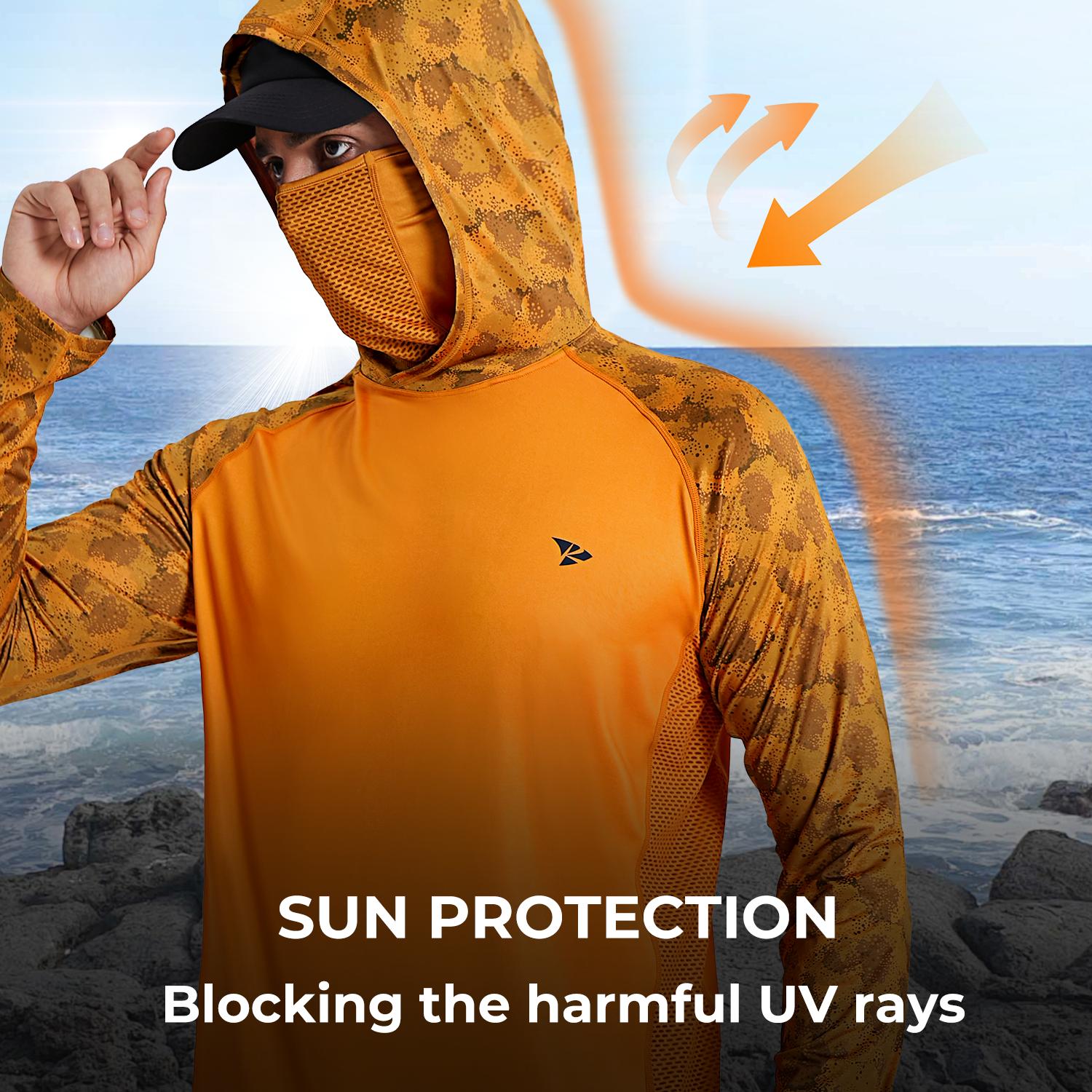 RODEEL 915 Sun Hoodie Shirts w/ Mask Neck Gaiter Men UPF 50+ UV Protection Long Sleeve Lightweight Quick Dry Moisture Wicking Breathable Cooling Athletic Activewear for Outdoor Sport Fishing Boating Hiking Cycling Construction Roofing Farming Tree Service