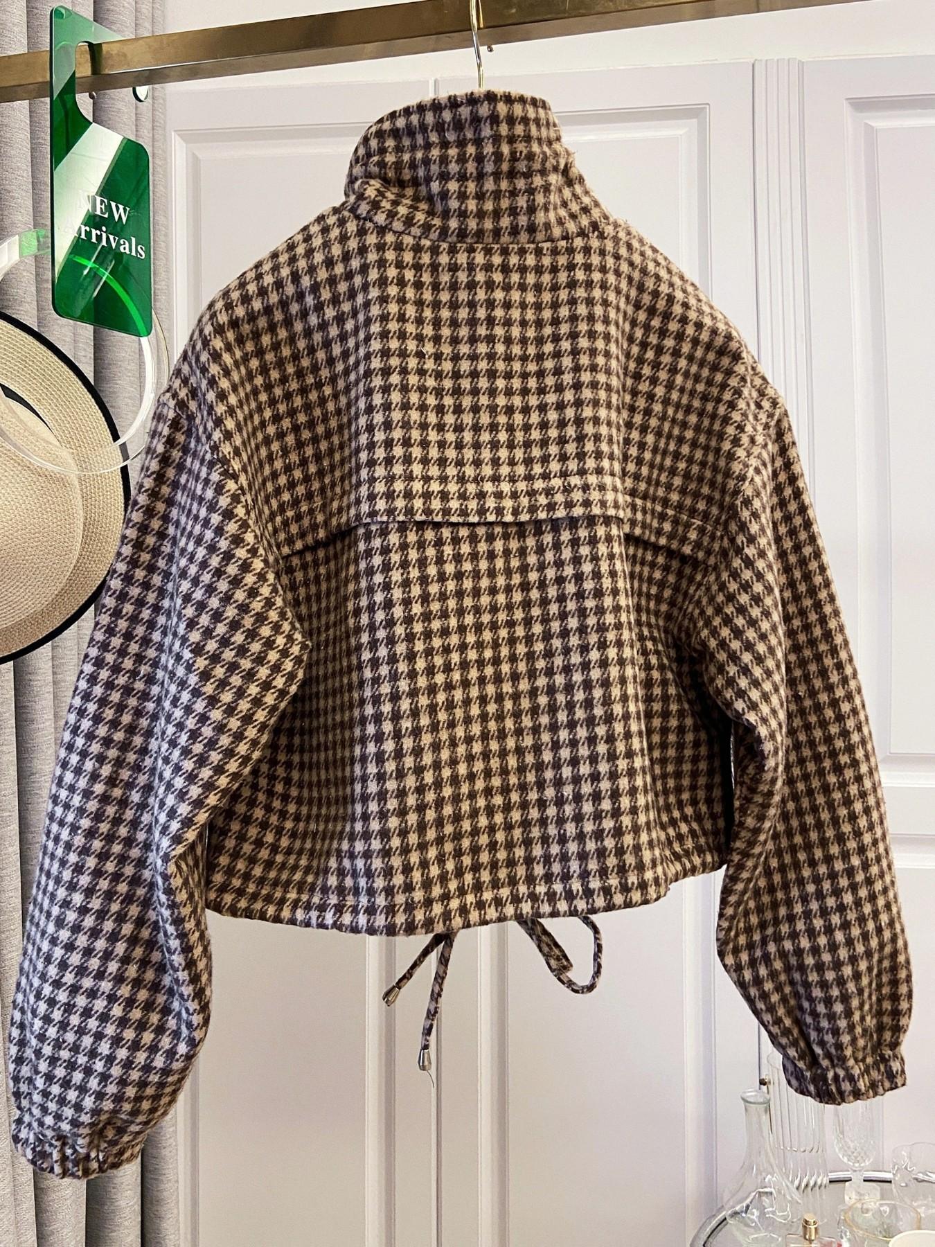 Women's Fashion Retro Plaid Stand Collar Short Coat, Drawstring Design, Zipper Front, Perfect for Fall Winter Daily Holiday Outing