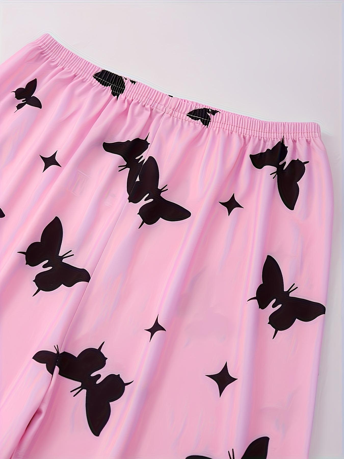 Silky Fiber Pajama Set, 95% Polyester & 5% Elastane Blend, Short Sleeve Round Neck Shorts, Heart Butterfly Patterns, Spring Summer Fall Wear, Loungewear