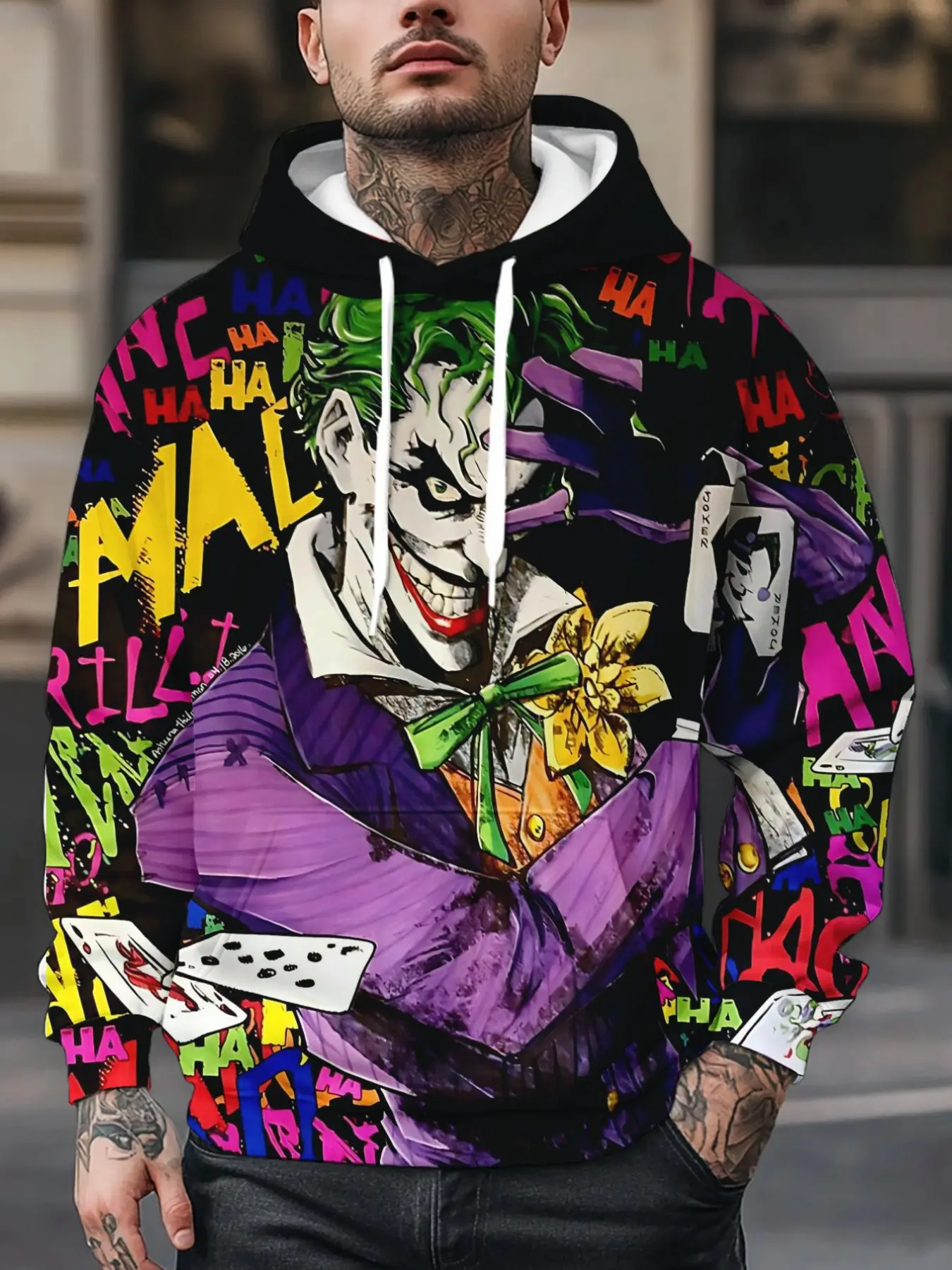 Men's Warner Collaboration Graphic Hooded Sweatshirt, 3D Joker Print, Fitted Casual Hoodie, Fall & Winter, All over Print, Unlined, Comfortable Everyday Wear