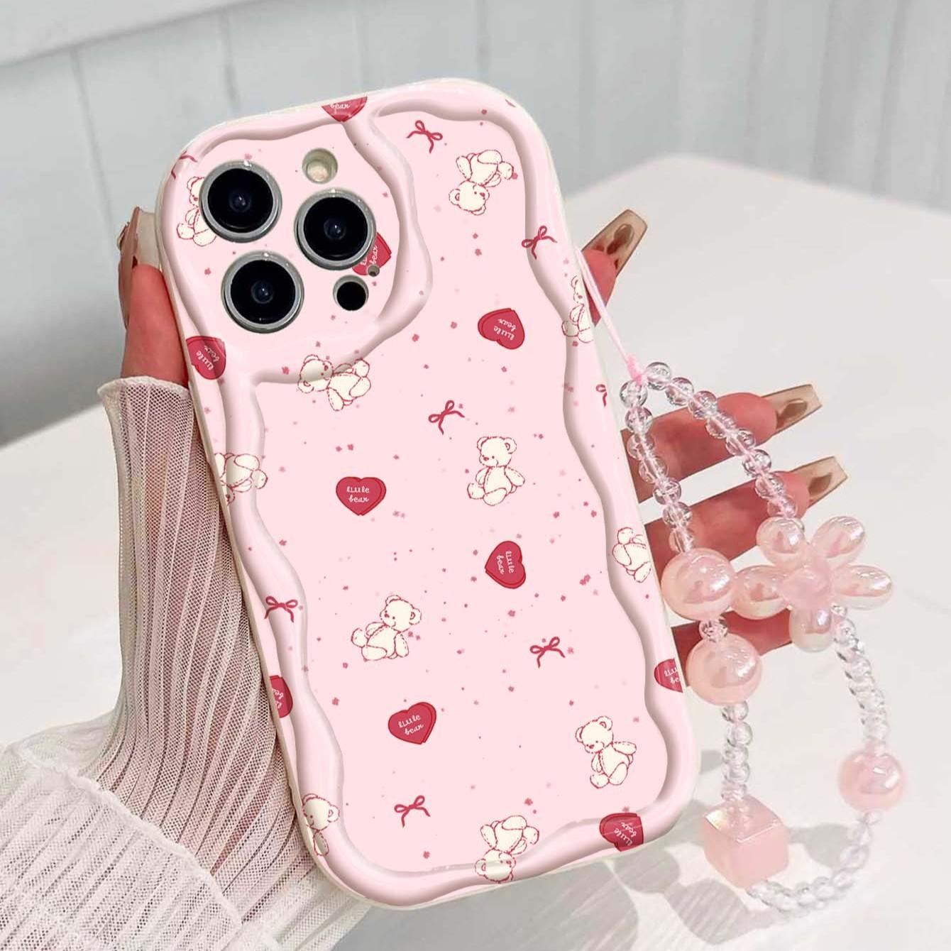 Bear Heart Lanyard Pattern Tpu Wave Edge Anti-Drop Phone Case for Apple iPhone 17 Pro Max/16/16 Pro Max/11/13/14/15, Girl's Gift