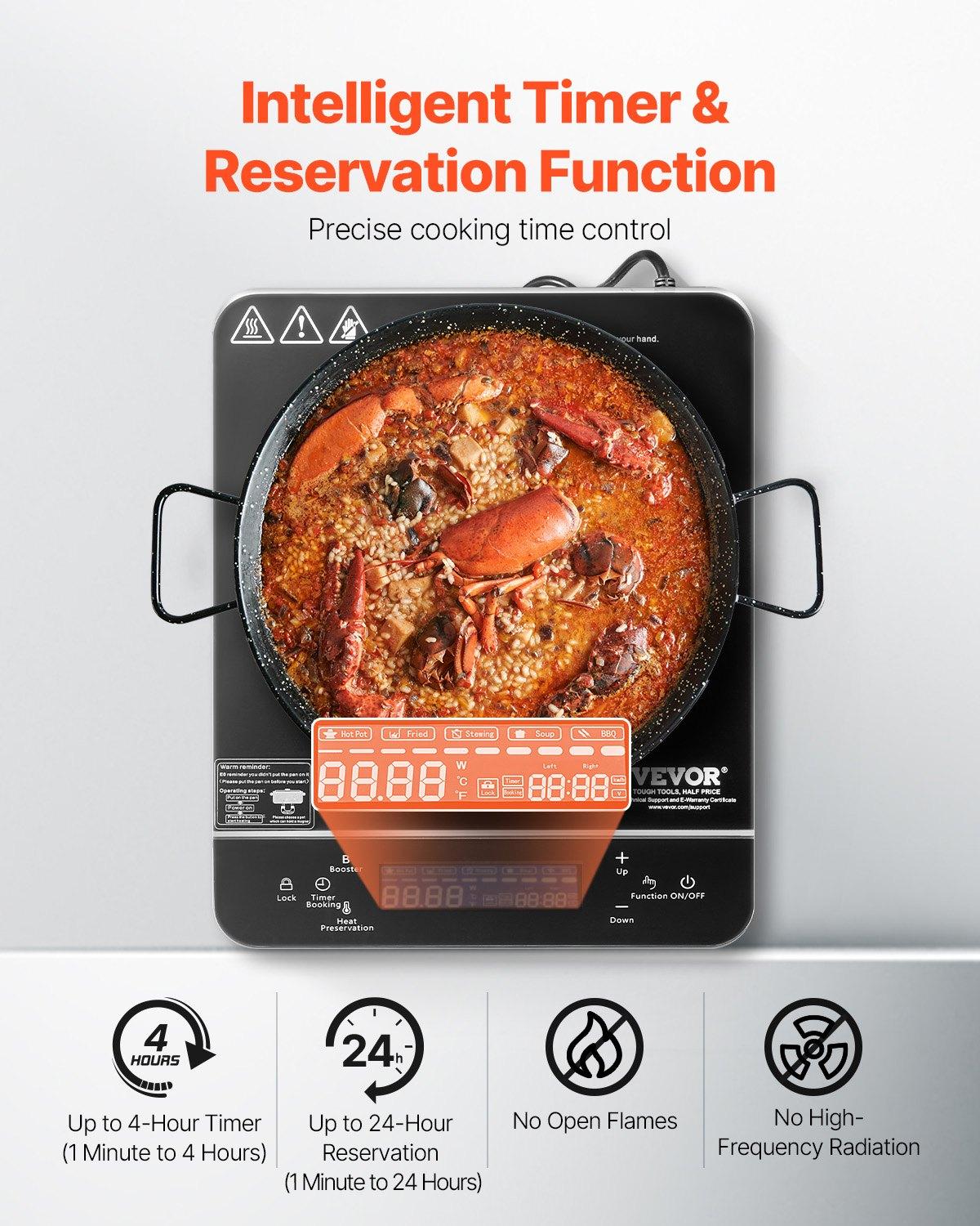 VEVOR Portable Induction Cooktop, 1800W Electric Induction Burner with 9 Temperature Settings, Countertop Induction Hot Plate with 4H Timer, 24H Reservation, Child Lock, Easy to Clean, for Cooking