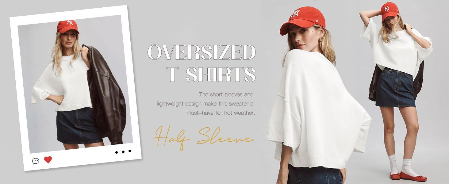 Saodimallsu Women's Short Sleeve Oversized Cropped Baggy Loose Basic Round Neck Lightweight Knit Top - Casual Women's Clothes for Summer,back to school,back to school shopping, Knitwear,clothes for back to school,first day of school outfits