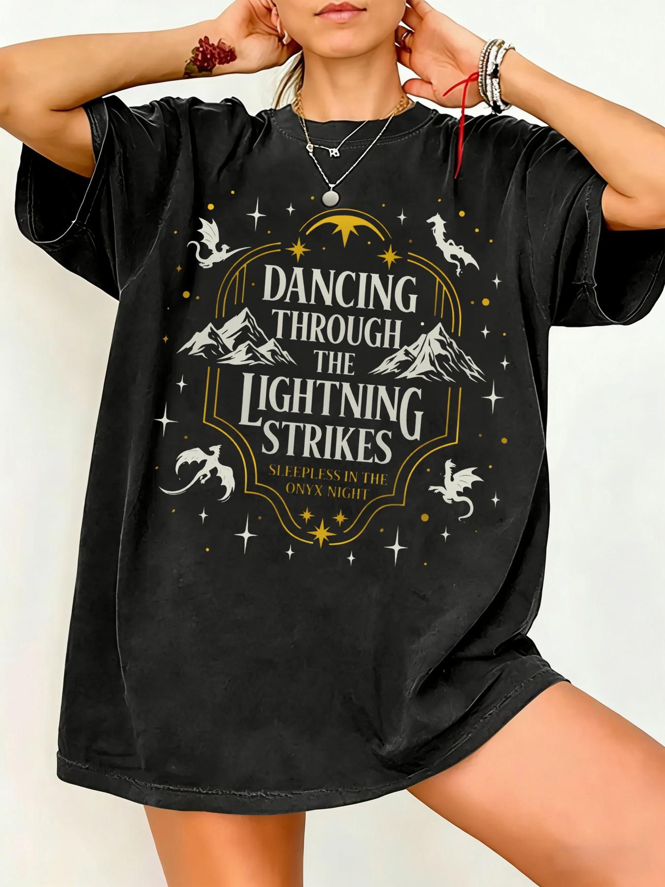 Women's Oversized Fantasy Dancing Through The Lightning Strikes Graphic Tee | Vintage Witchy Gothic Dark Academia Shirt |Snow Mountain & White Dragon Print Top | Baggy Casual T-Shirt | Fantasy Lover Gift Oversized Tee