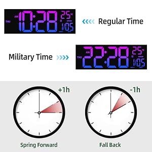 8 Colors Digital Wall Clock, 16.2" Large Digital Clock with Temperature, Date, Auto DST, Night Light, Auto Brightness Dimmer, 24/12-hour Wall Clock for Living Room Office Classroom Gym,camping essentials