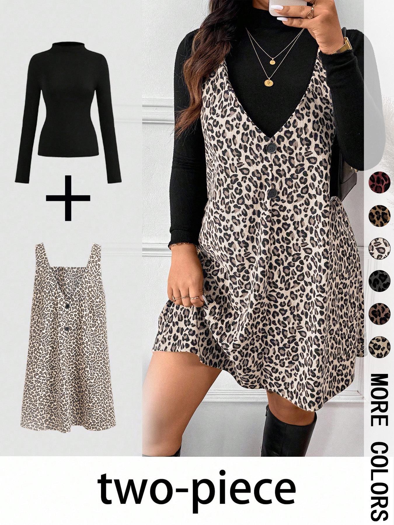 Women's High Neck Inner Layer + Leopard Print Strap Skirt Set, Casual Daily Spring Autumn Commuter, Two-Piece Ensemble Outfit
