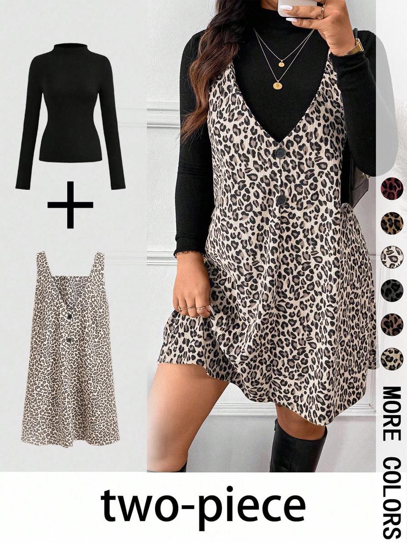 Valentine's Day Women's High Neck Inner Layer + Leopard Print Strap Skirt Set, Casual Daily Spring Autumn Commuter, Two-Piece Ensemble