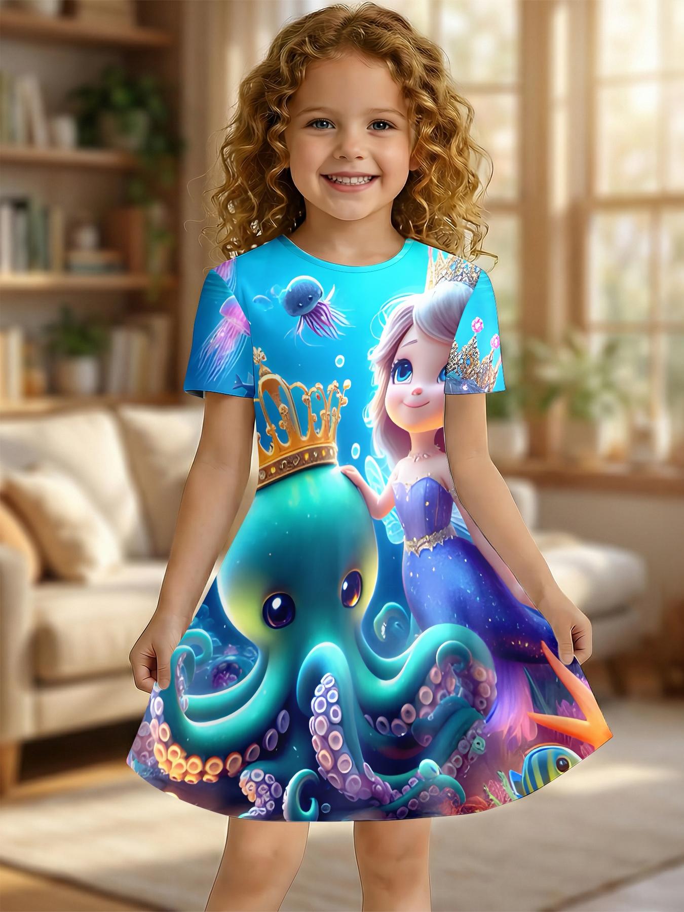 Girls Summer Mermaid Octopus Print Dress, Kids Underwater World Crew Neck Short Sleeve A-Line Dress