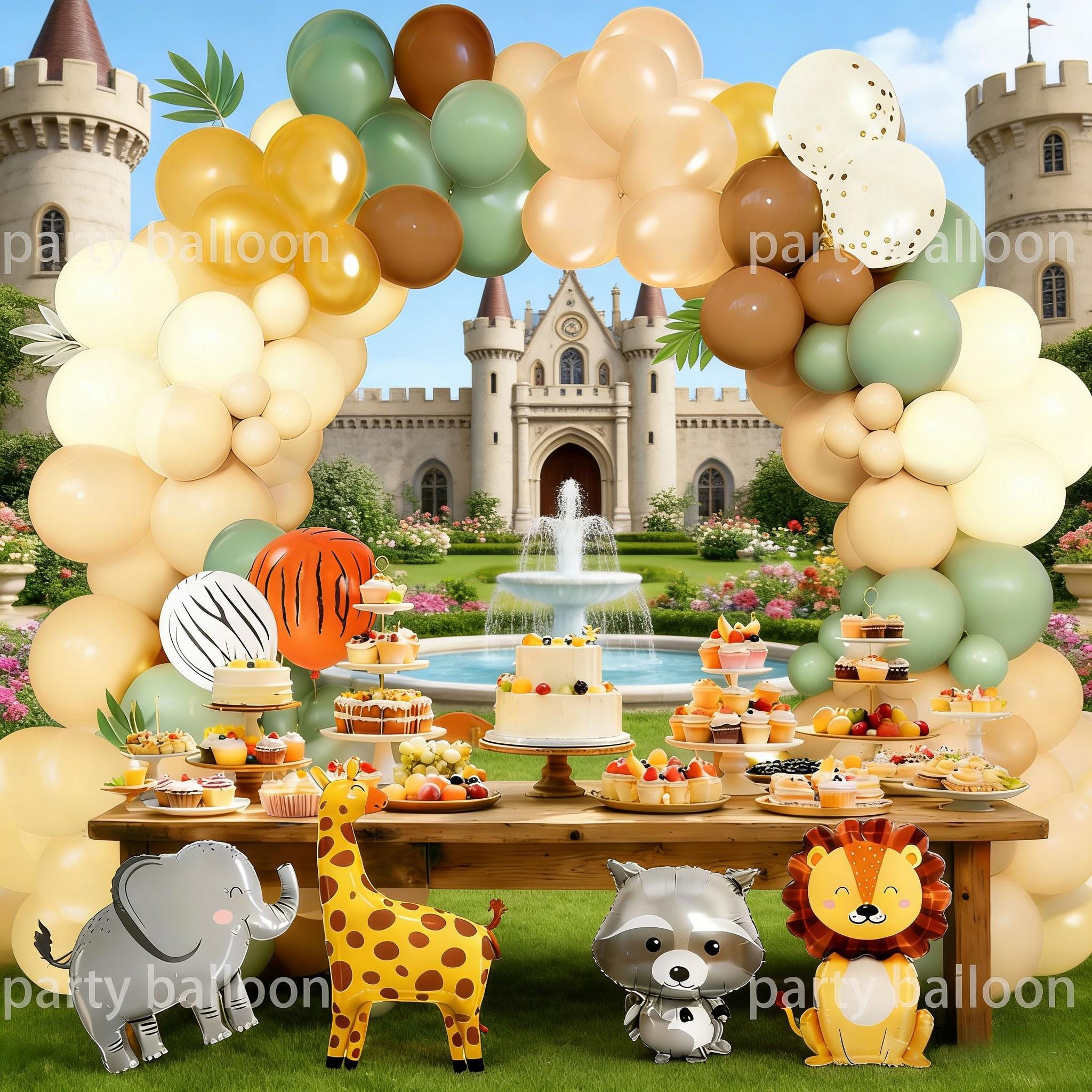 134pcs Tropical Jungle Animal Birthday Party Balloon Decor Set, Giraffe Lion Elephant Balloons, Zebra Pattern Latex Balloons, Outdoor Events